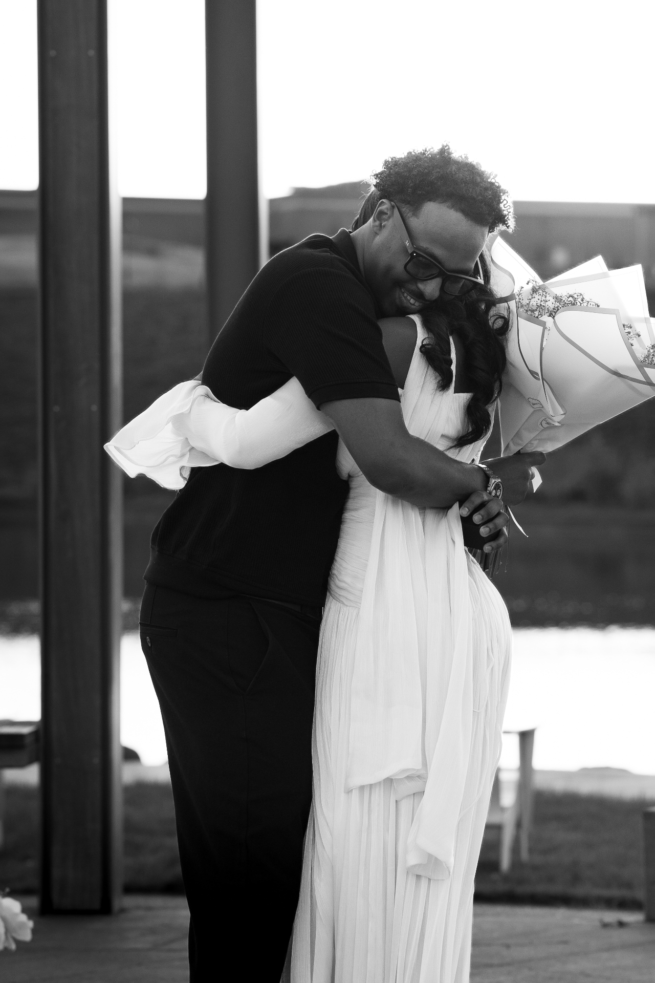The first embrace — black and white